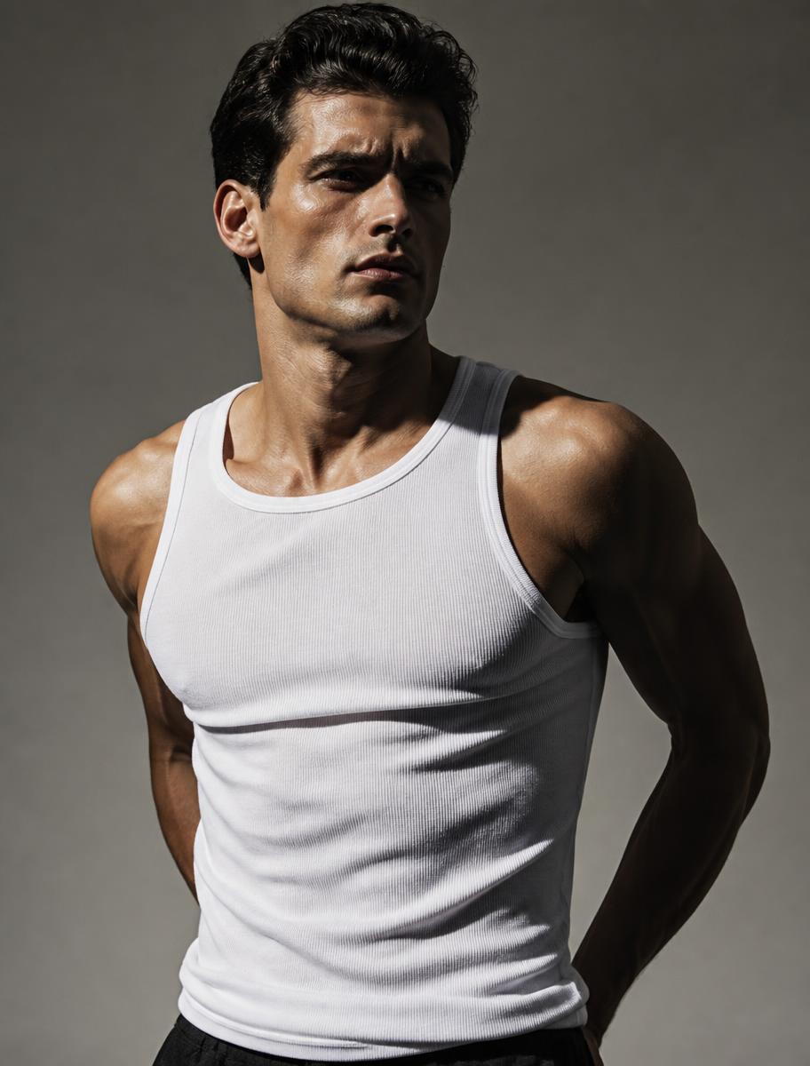 Model wearing a white ribbed Findry tank top